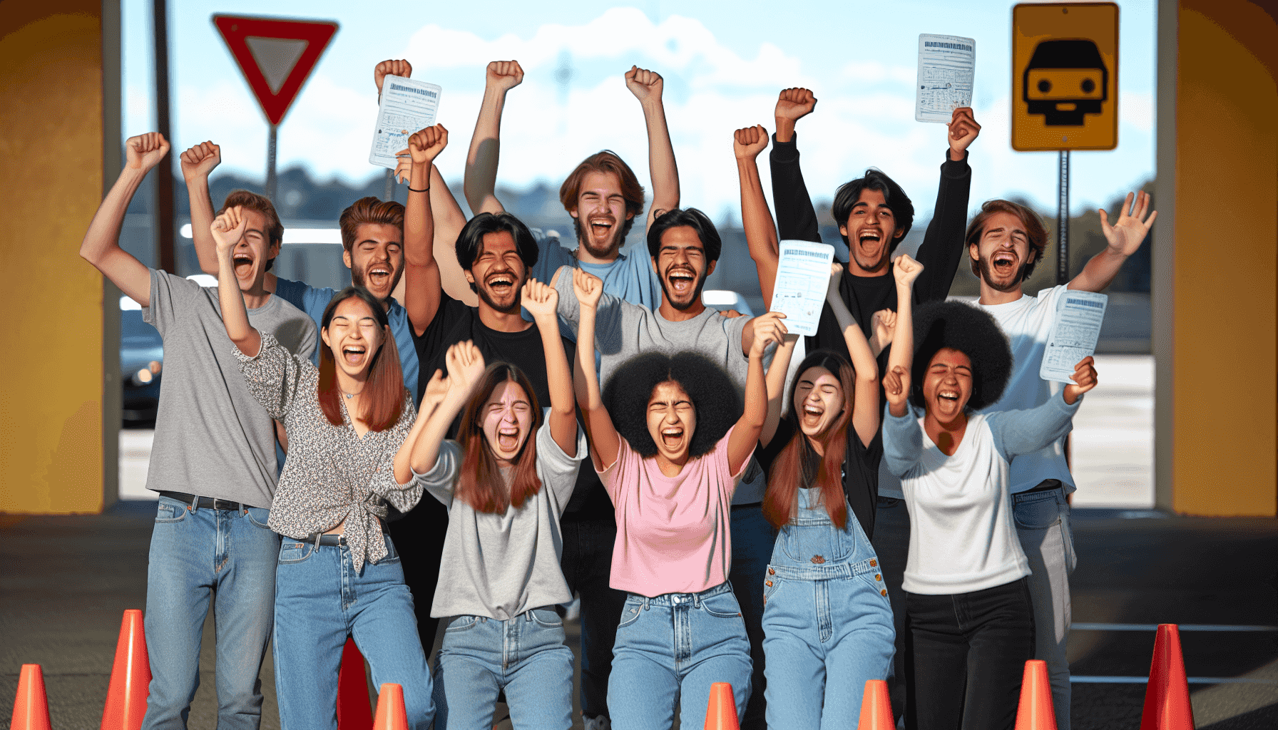 Students celebrating driving test success